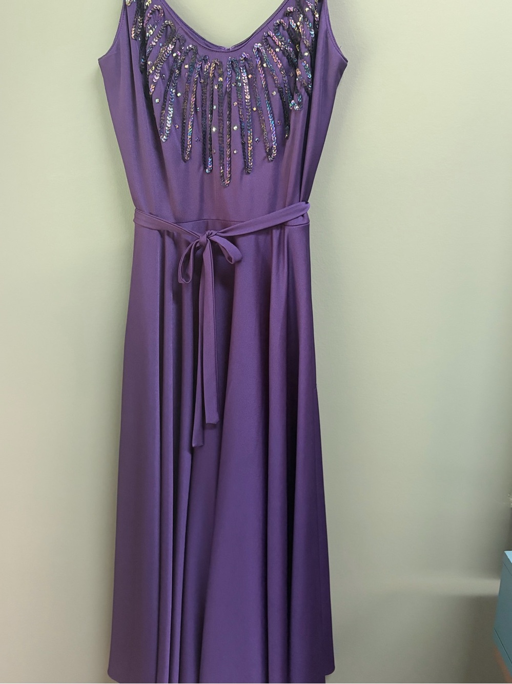 Diamond of California Purple Sequin-Accented Waist-Tie Formal Gown
